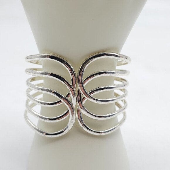 Vintage Boho Silver Tone Wide Multi Band Hinged Cuff Bracelet - Picture 1 of 5